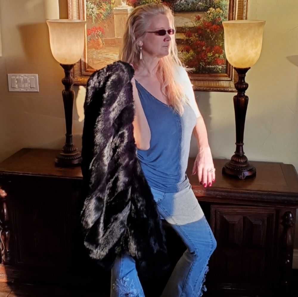 Black Striped Rabbit Fur Jacket - Picture 5 of 17